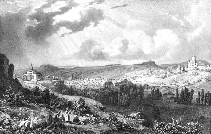 La vue que vous auriez eue depuis le chemin de Roussy en 1836 (gravure Edouard Hostein, Archives Dept. du Cantal)