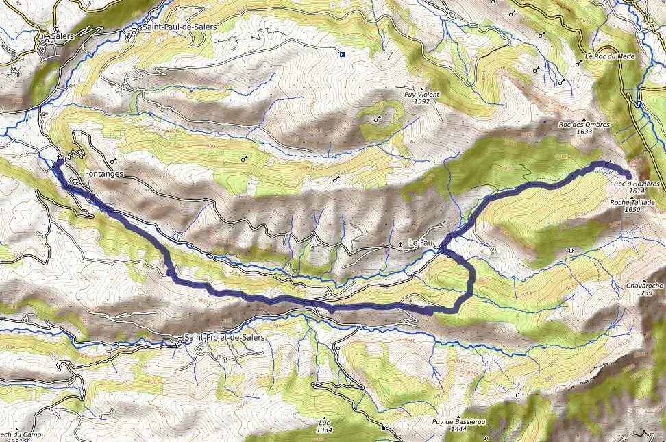Carte itinéraire Fontanges - Roc d'Hozières