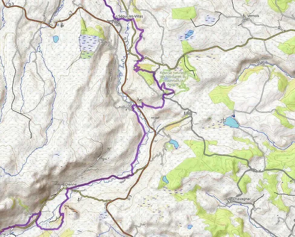 Carte vallée de la Santoire de Ségue-les-Villas à Dienne