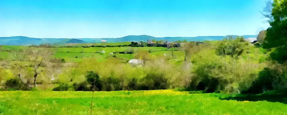 Au loin, la skyline du bourg de Chazeloux, dominé par son église imposante